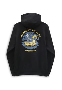 Felpa nera con cappuccio caratterizzata da un design grafico di uno scheletro su un fenicottero gonfiabile giallo, con le scritte "VACANZA PERMANENTE" e "RIMANERE FRESCHI."