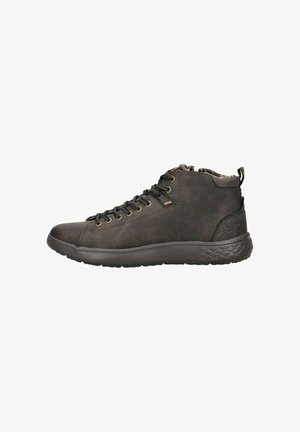 Braunes Leder-Halbschuh mit runden Schnürsenkeln, Metallösen, strukturierten Seiten und einem gemusterten Futter. Flexible Gummisohle für Komfort.
