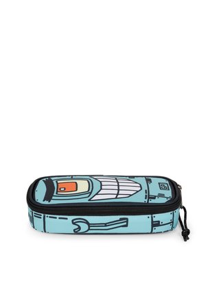 Estuche rectangular azul para lápices con cremallera negra y diseños de cara de robot de dibujos animados y llave inglesa en la tela exterior.