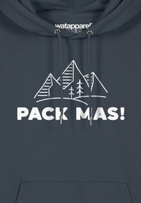 Dunkelgrauer Hoodie mit einer vorderen Kängurutasche, mit einem weißen Grafikdesign von Bergen und dem Text "PACK MAS!" in fetten Buchstaben.
