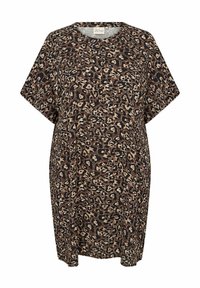 Leopardmönstrad tunika med korta ärmar, rund halsringning, i nyanser av brunt och kräm. Mjuk tygtextur, lös passform.