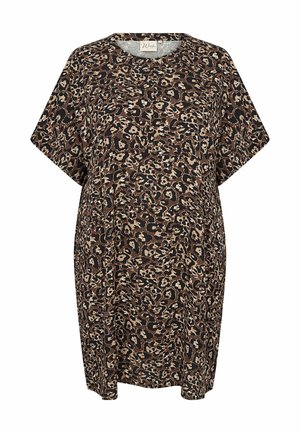Tunică cu imprimeu de leopard, cu mânecă scurtă, decolteu rotund, în nuanțe de brun și crem. Textură moale a țesăturii, design lejer.