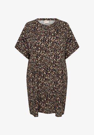 Leopard print tunic with short sleeves, round neckline, in shades of brown and cream. Soft fabric texture, loose fit design.