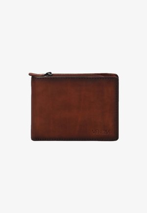 Brown leather wallet with a smooth texture, rectangular shape, zip closure, and embossed "VENEZIA" logo on the front.