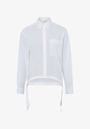 Chemise blanche à manches longues avec col pointu, poche poitrine et cordons ajustables à l'ourlet.