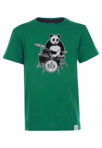 Vihreä puuvillainen T-paita, jossa on mustavalkoinen panda soittamassa rumpuja ja rummussa lukee "BR". Tavallinen malli, lyhyet hihat.