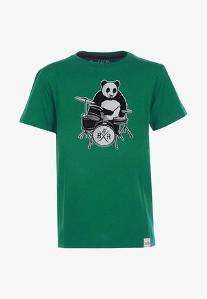 Grøn bomulds T-shirt med et sort-hvidt panda, der spiller trommer, og et logo med teksten "BR" på trommen. Regular fit, korte ærmer.