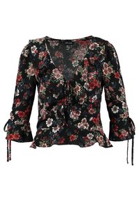 Mustakukkainen paita, jossa on pitkät hihat, röyhelökaulus ja nauhat. Sisältää monivärisiä kukkakuvioita ja liehuvan helman.