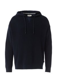 Marineblauwe, gebreide hoodie met ribbelstructuur, V-hals ontwerp, trekkoordcapuchon en aansluitende manchetten. Heeft een logo-label aan de zijkant.