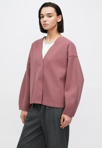 Rosafärgad oversize kofta med djup V-ringning, tillverkad av mjukt tyg. Har vida ärmar och en ren, minimal design.