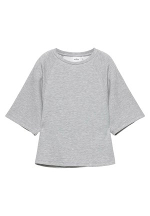 Lysegrå kortærmet sweatshirt med brede ærmer og rund halsudskæring, vist fladt på en hvid baggrund.