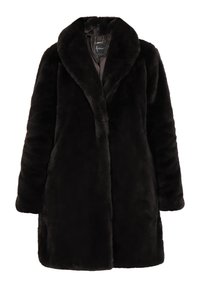Black faux fur coat featuring a wide collar, long sleeves, and a mid-length design with a soft texture. No visible fastenings.