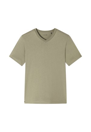 Schlichtes, olivgrünes T-Shirt mit kurzen Ärmeln und V-Ausschnitt, flachliegend, glatte Textur, ohne Muster oder sichtbare Logos.