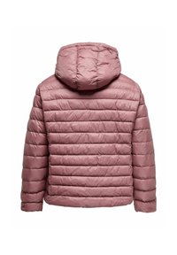 Lilla, pufferjakke med quiltet mønster, hette, lange ermer og horisontale sømmer, vist bakfra på hvit bakgrunn.