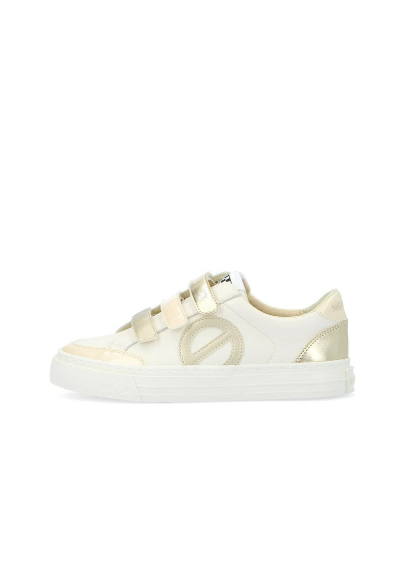 White sneakers with gold accents, featuring a smooth leather exterior, three Velcro straps, and a textured rubber sole.
