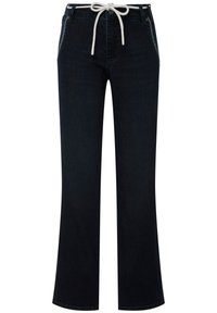 Pantalones de mezclilla anchos de color azul oscuro con un cordón blanco en la cintura y bolsillos laterales, que cuentan con un diseño clásico de cinco bolsillos y costuras resistentes.