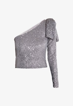 Zilveren top met één schouder, versierd met textuur pailletten, getailleerd ontwerp en ruches aan de mouw. Gladde stof met een glanzende afwerking.