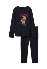 Námořnický pyžamový set obsahuje dlouhý rukáv s grafikou medvěda a textem "OFF-PISTE" a odpovídající kalhoty. Měkká látka, volnější střih.
