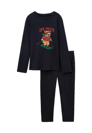 Das marineblaue Pyjama-Set beinhaltet ein langärmeliges Oberteil mit einem Bärenmotiv und dem Text "OFF-PISTE" sowie passende Hose. Weicher Stoff, lockere Passform.