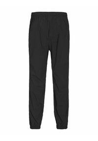 Sort elastisk bukser med talje fra letvægtsstof. Har elastiske manchetter ved anklerne og en glat, mat tekstur hele vejen igennem.