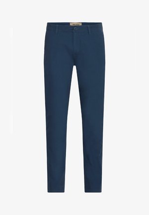 Pantaloni slim-fit pentru bărbați, de culoare albastru închis, cu bucle pentru curea, închidere cu buton în față și buzunare laterale, expuși pe un fundal alb.