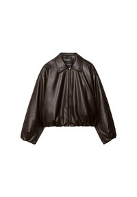 Braune Kunstleder-Cropped-Jacke mit Kragen, Reißverschluss und gepufften Ärmeln, aus glattem Material und mit elastischem Bund.