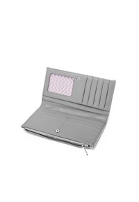 Gray faux leather wallet with a zip closure, multiple card slots, and a clear ID window featuring a pink zigzag pattern.