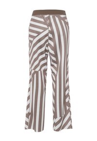 Pantalon large rayé marron et blanc avec une taille élastique. Le tissu a une texture lisse et comporte des rayures diagonales et verticales.