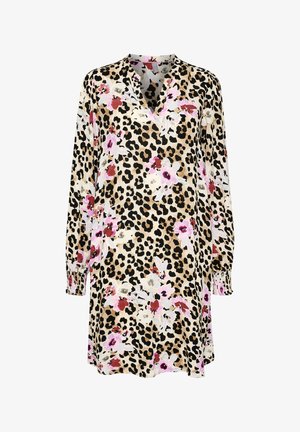 Panterprint jurk met bloemenaccenten in roze en wit. Lange mouwen met gathered cuffs. Lichtgewicht stof en ontspannen pasvorm.