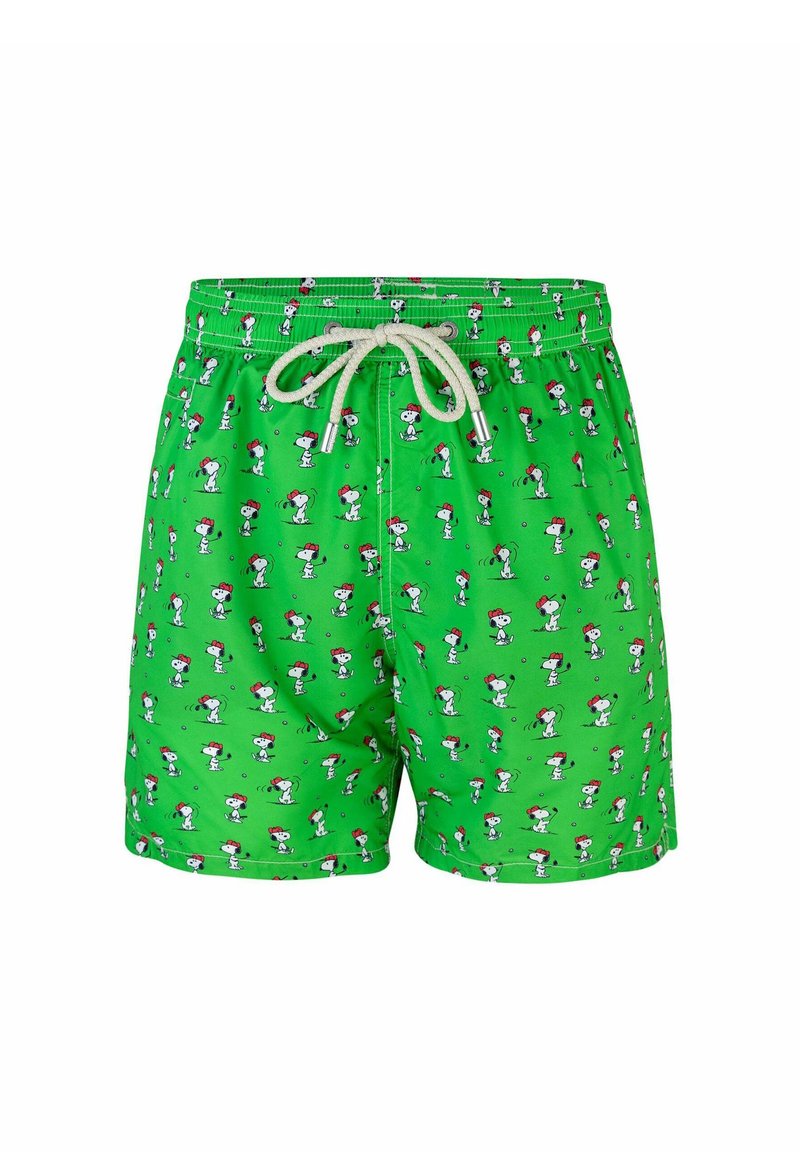 Costumi da bagno verdi con un motivo ripetuto di cani dei cartoni animati che indossano cappelli rossi. Presentano una vita con cordoncino e un tessuto leggero.