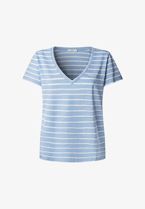 Hele sinine lühikeste varrukatega V-kaelusega T-särk, millel on horisontaalsed valged triibud ja väike valge logo vasakul rinnal.