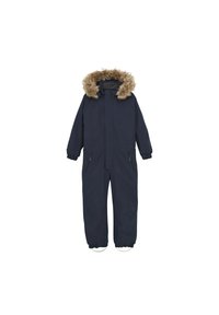 Marinblå isolerad snoverall med huva som är fodrad med imitativ päls, dragkedja fram och elastiska ärmar. Har två fickor med dragkedja och en avslappnad passform.