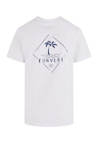 T-shirt blanc en coton avec un graphique représentant un diamant bleu, une palme et des vagues, portant le mot "FORVERT" en dessous du design. Manches courtes.