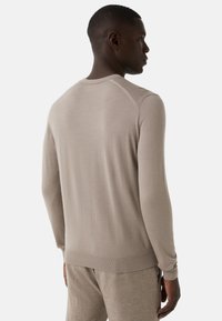 Beige, langärmliger Pullover mit Rundhalsausschnitt und gerippten Bündchen und Saum. Das Material scheint weich mit einer glatten Textur zu sein. Schlichtes, minimalistisches Design.