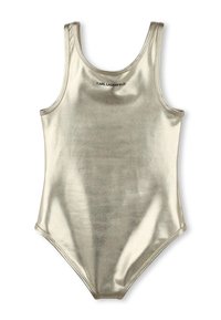 Costume intero metallico oro con design senza maniche, spalline larghe e marchio Karl Lagerfeld sul collo. Texture liscia.