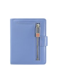 Portafoglio in pelle blu chiaro con una tasca con zip, texture liscia, cuciture in contrasto e un piccolo etichetta con il marchio. Forma rettangolare compatta.