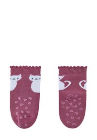 Rosa Baumwollsocken mit weißen Katzenmustern und gewellten Kanten. Rutschfeste Gummipunkte auf den Sohlen sorgen für zusätzlichen Halt.