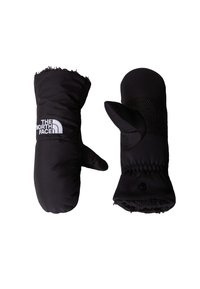 Black insulated mittens with soft fleece lining, featuring The North Face logo, elastic wrist, and a textured palm for grip.