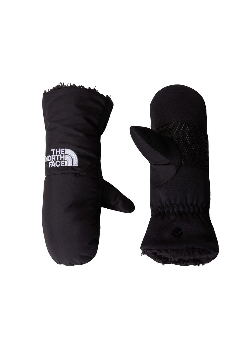 Black insulated mittens with soft fleece lining, featuring The North Face logo, elastic wrist, and a textured palm for grip.