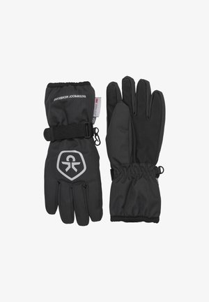 Schwarze wasserdichte Handschuhe mit strukturierter Oberfläche, elastischen Bündchen und einem Logo auf der Handfläche. Verfügen über verstellbare Riemen und eine isolierte Fütterung.