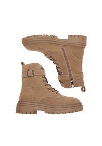 Karmelowe zamszowe botki za kostkę z grubą podeszwą, sznurówkami, bocznym zamkiem błyskawicznym oraz klamrą na kostce dla dodatkowego wsparcia.