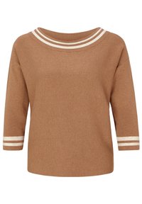 Pull marron en tricot avec un large décolleté, des manches trois-quarts et des accents à rayures blanches sur les poignets. Texture lisse partout.