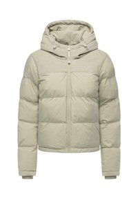 Beige dunjakke med hette, teksturert øvre del, glidelåslukking, ribbestrikkede mansjetter og quiltet fôring for varme og komfort.