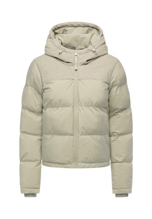 Beige dunjakke med hette, teksturert øvre del, glidelåslukking, ribbestrikkede mansjetter og quiltet fôring for varme og komfort.
