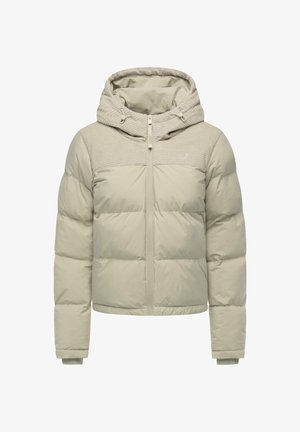 Beżowa kurtka puchowa z kapturem, z teksturowaną górną częścią, zamkiem błyskawicznym, ściągaczami na mankietach oraz pikowanym ociepleniem dla zapewnienia ciepła i komfortu.
