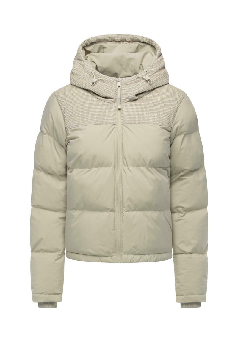 Beige dunjakke med hette, teksturert øvre del, glidelåslukking, ribbestrikkede mansjetter og quiltet fôring for varme og komfort.