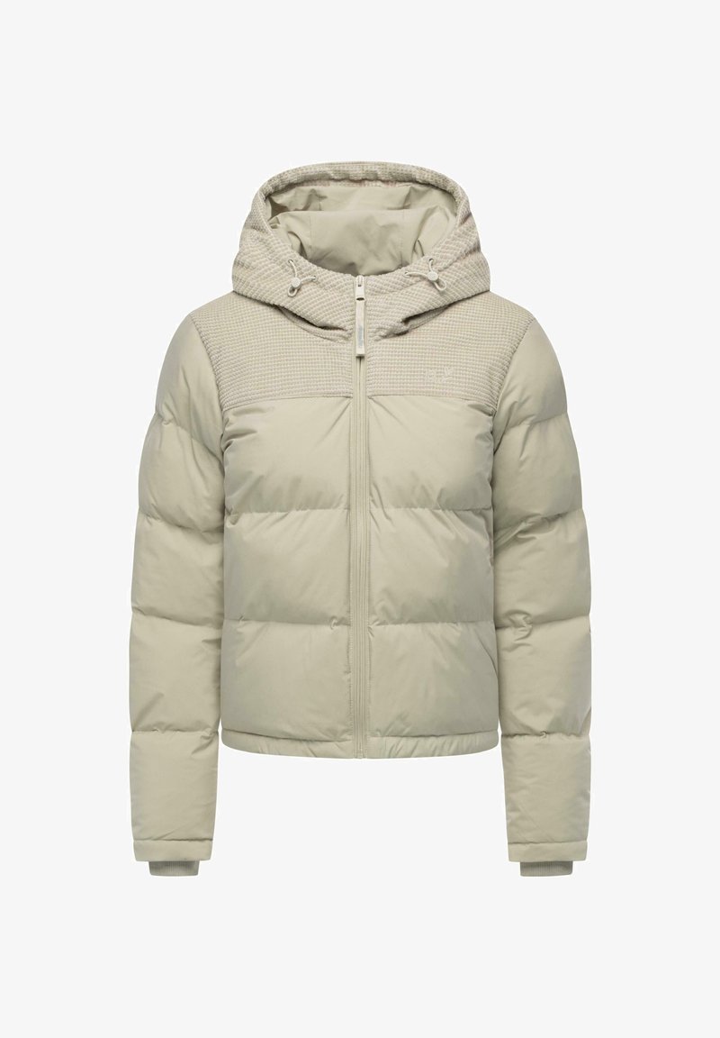 Beige dunjakke med hette, teksturert øvre del, glidelåslukking, ribbestrikkede mansjetter og quiltet fôring for varme og komfort.