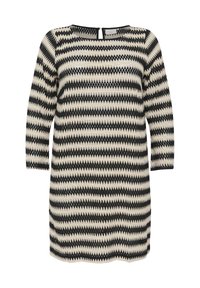 Abito all'altezza del ginocchio con scollo rotondo e maniche lunghe, caratterizzato da un motivo a zigzag in bianco e nero, realizzato in tessuto a maglia testurizzata.