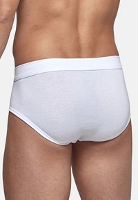 White cotton briefs with a wide elastic waistband, smooth texture, and a snug fit, shown from the back.