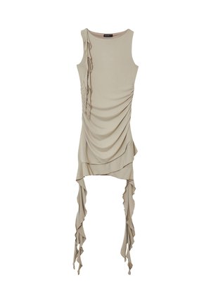 Beige ärmelloses Kleid mit Drapierung und asymmetrischem Saum. Es hat eine geraffte Textur an der Vorderseite und kaskadierende Rüsche am Bund.